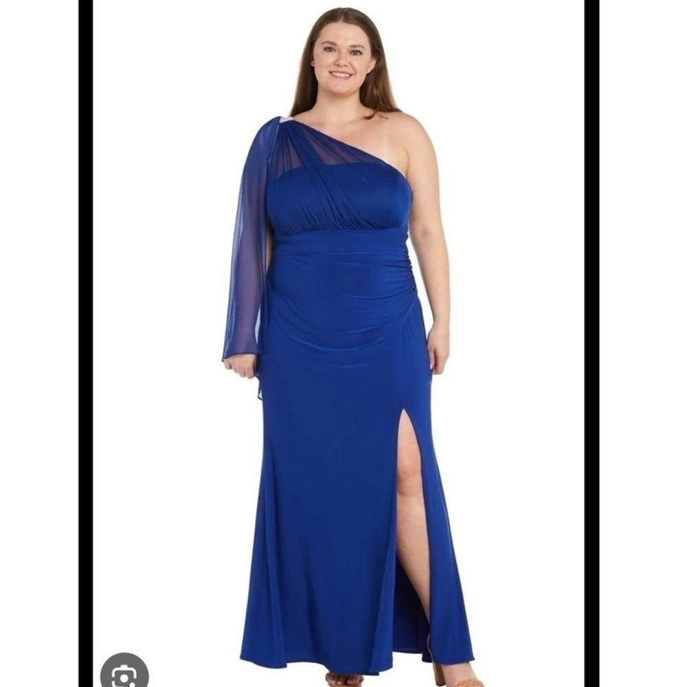 RM Richards Royal Blue One Shoulder Rhinestone Ruched Gown 18W